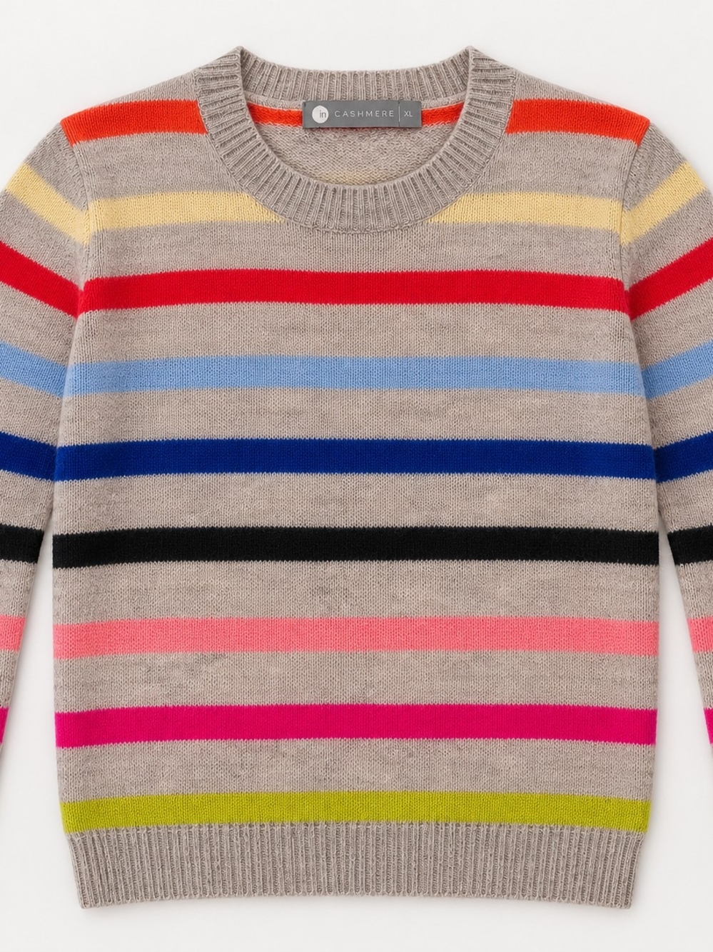 InCashmere Grey Cashmere Crewneck Sweater with Multicolor Stripes